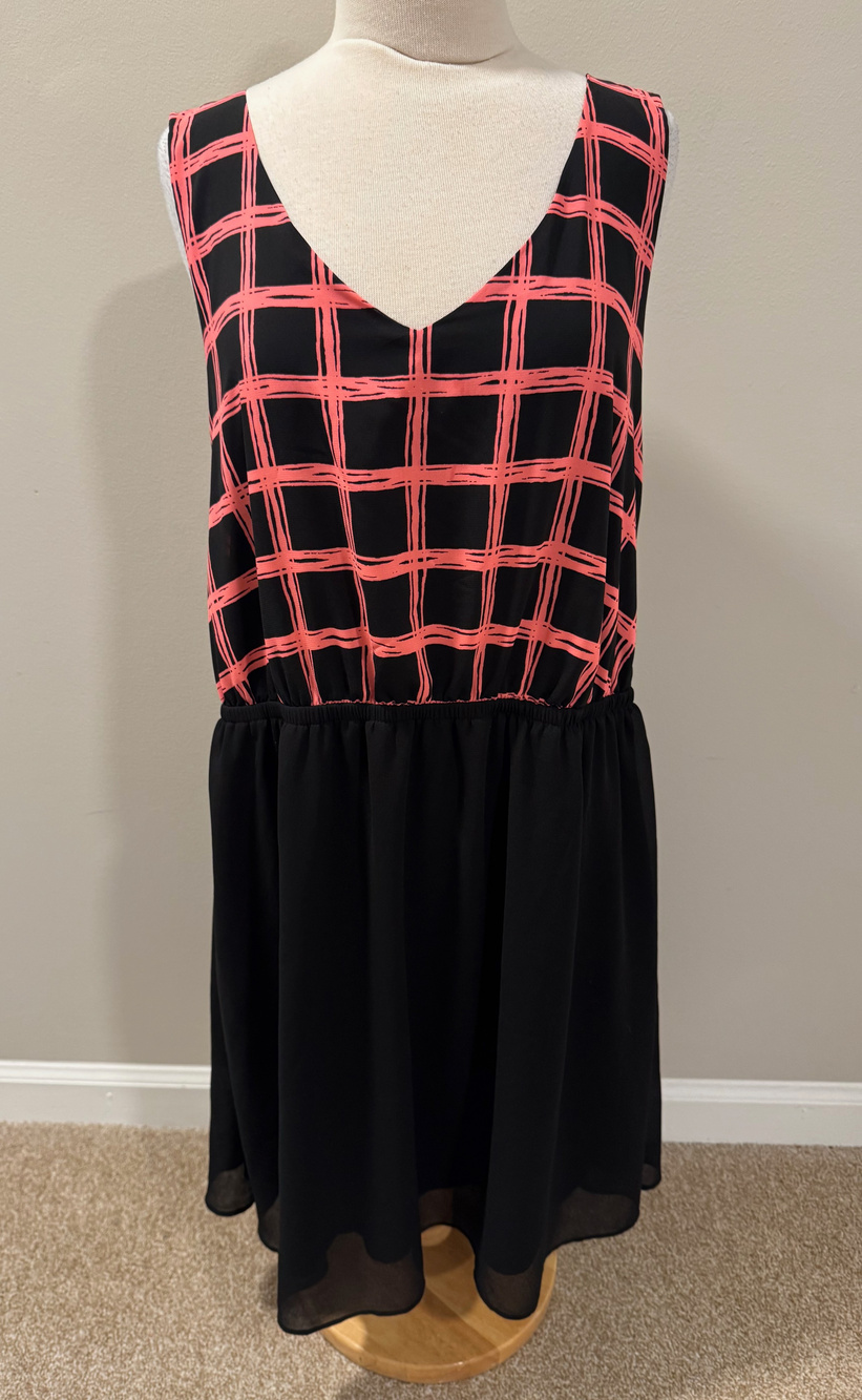 Forever 21 Plus 2X Dress Black Coral Plaid Crisscross Lattice Back Chiffon Skate